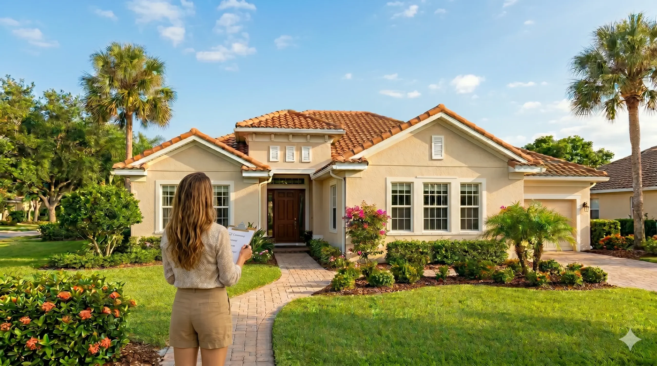 spring-home-maintenance-checklist-florida-homeowners Florida home exterior in spring with blue sky and checklist graphic representing seasonal home maintenance before hurricane season